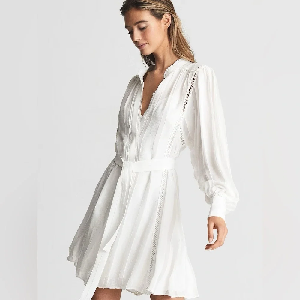 New! Reiss Harriet white ladder trim flippy long sleeve dress 41267